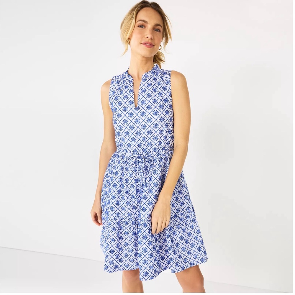Draper James RSVP Blue and White Floral Geometric Pattern Knee Length Dress NWOT